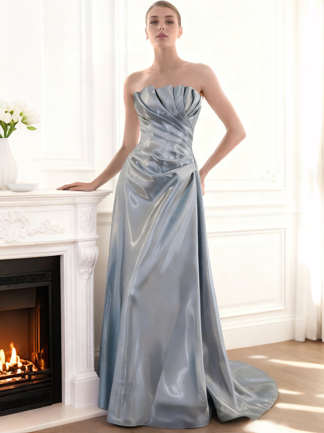 A-Line/Princess Liquid Satin Sweetheart Sleeveless Floor Length Evening Dress With Pleats