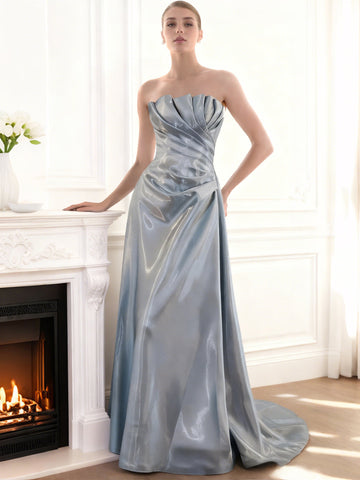 A-Line/Princess Liquid Satin Sweetheart Sleeveless Floor Length Evening Dress With Pleats