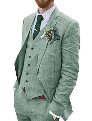 Men's Tailored Fit Single Breasted Two-buttons 3 Pieces Solid Colored Linen Suits