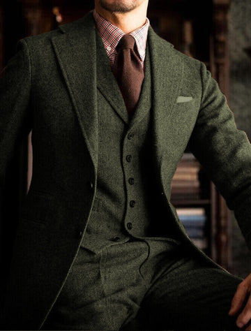 Men's Tailored Fit Single Breasted Two-buttons 3 Pieces Solid Colored Wedding Tweed Suits