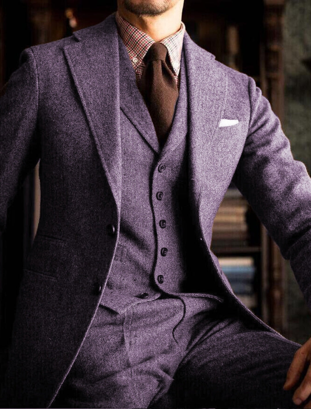 Men's Tailored Fit Single Breasted Two-buttons 3 Pieces Solid Colored Wedding Tweed Suits