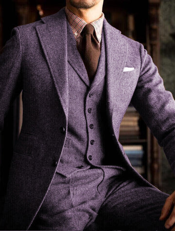 Men's Tailored Fit Single Breasted Two-buttons 3 Pieces Solid Colored Wedding Tweed Suits
