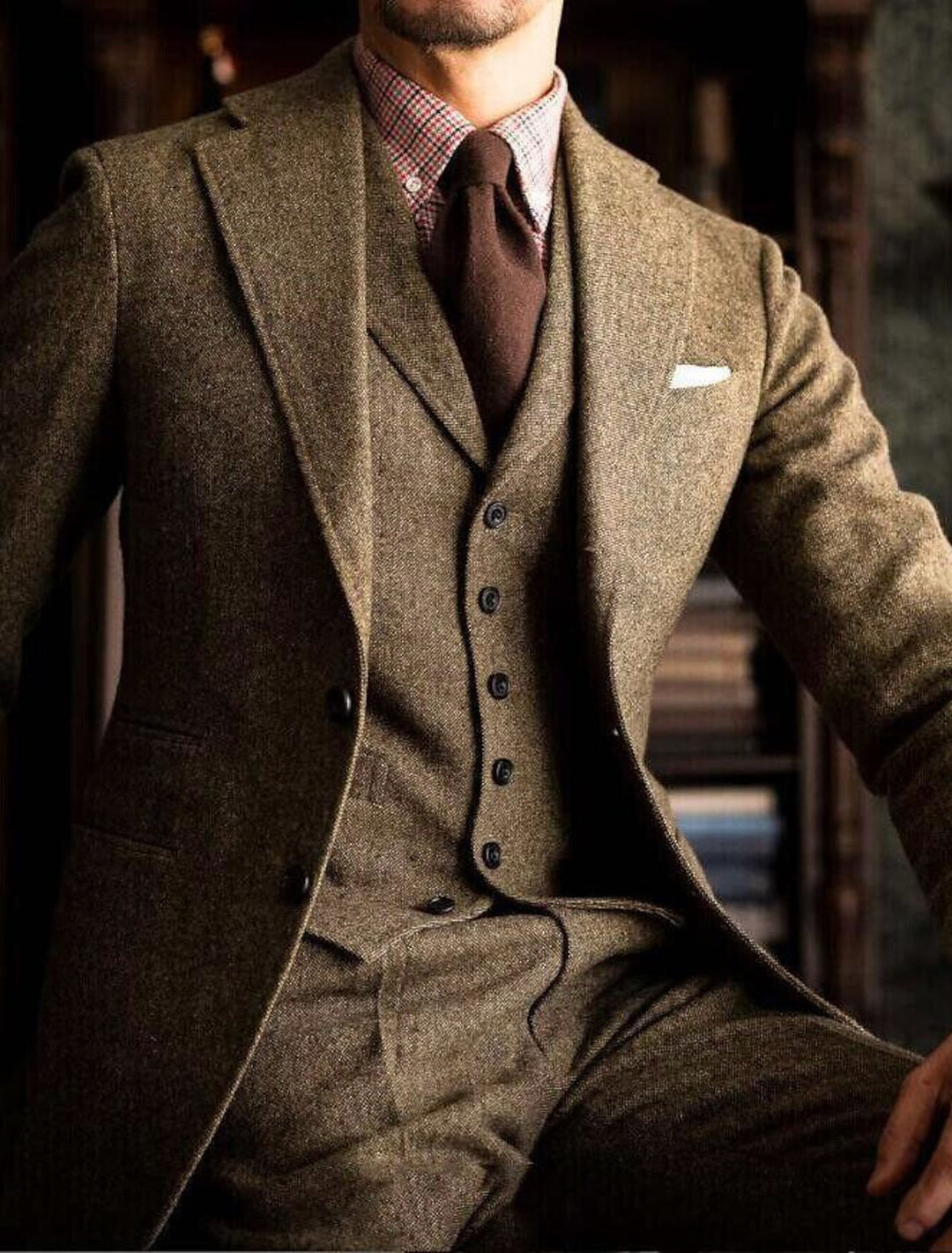 Men's Tailored Fit Single Breasted Two-buttons 3 Pieces Solid Colored Wedding Tweed Suits