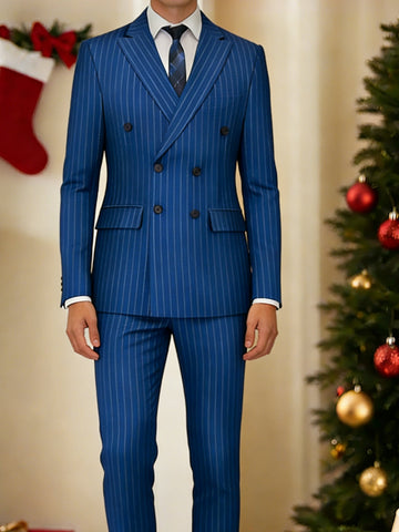 Blue Khaki Burgundy Gray Black Men's Tailored Fit Double Breasted Six-buttons 2 Pieces Striped Wedding Suits