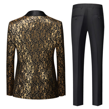 Gold Men's Tailored Fit Single Breasted One-button 3 Pieces Printed Prom Party Suits