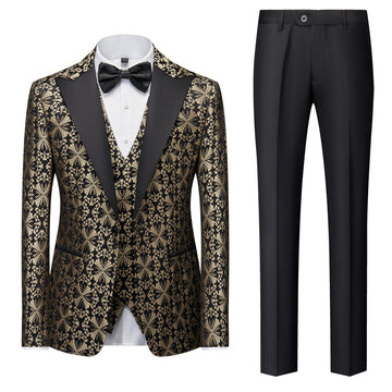 Green Gold Silver Black Men's Tailored Fit Single Breasted One-button 3 Pieces Printed Prom Party Suits