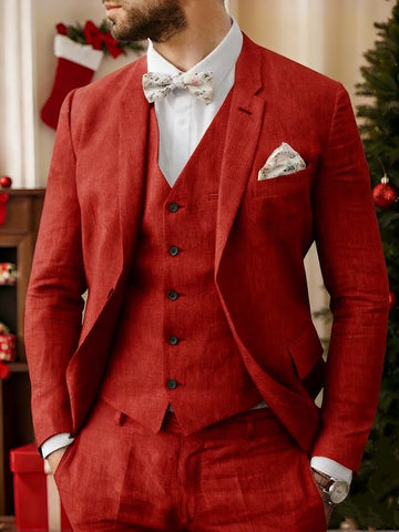 Men's Linen Tailored Fit Single Breasted Two-buttons 3 Pieces Wedding Suits