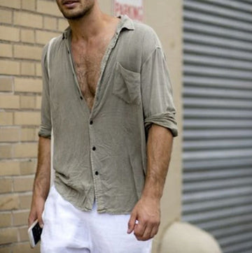 Men's Lapel Casual Long Sleeves Solid Color Shirt with Pocket