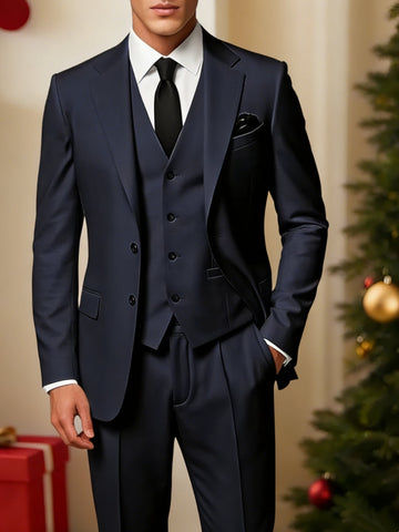 Navy Blue Men's Business Standard Fit Single Breasted Two-buttons 3 Pieces Wedding Party Suits