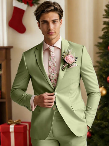 Men's Tailored Fit Single Breasted Two-Buttons Fashionable Solid Colored Beach Wedding Prom Party Suits