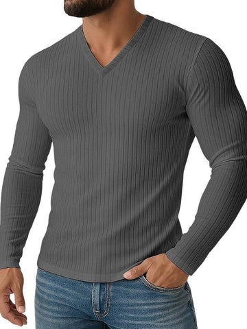 Men's Shirt Stretchy Slim Fit V Neck Solid Color Long Sleeves Shirt