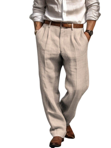 Men's Linen Long Pants Trousers Summer Pleated Fashion Pants