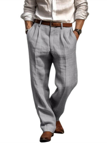 Men's Linen Long Pants Trousers Summer Pleated Fashion Pants