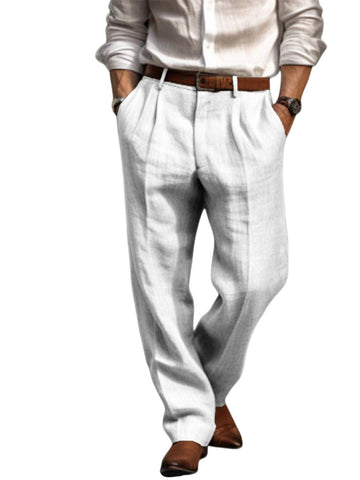 Men's Linen Long Pants Trousers Summer Pleated Fashion Pants