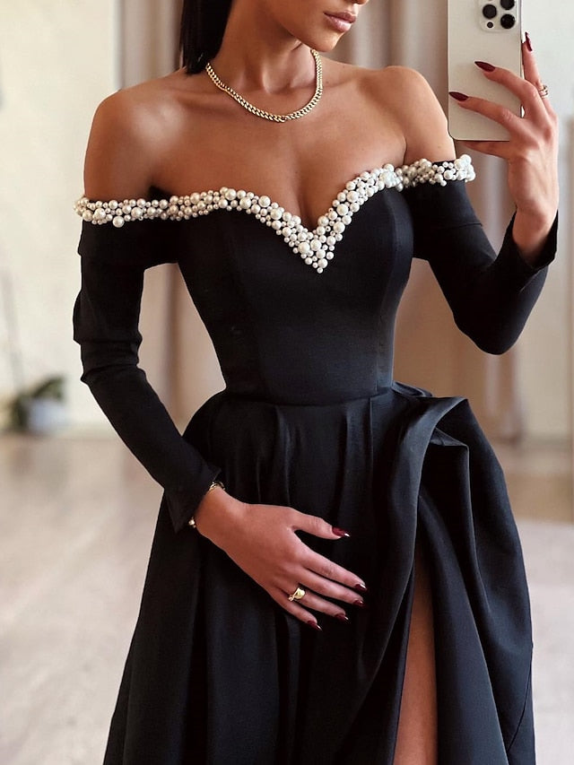 Off-the-Shoulder Evening Dresses Floor-length Long Ball Gown With Split Side & Beading