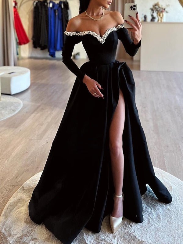 Off-the-Shoulder Evening Dresses Floor-length Long Ball Gown With Split Side & Beading