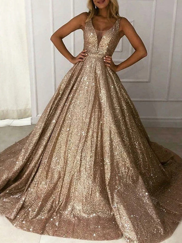 A-Line/Princess Evening Dress Wedding Party Sweep / Brush Train V-Neck Sleeveless Prom Ball Gown Formal Dresses With Glitter