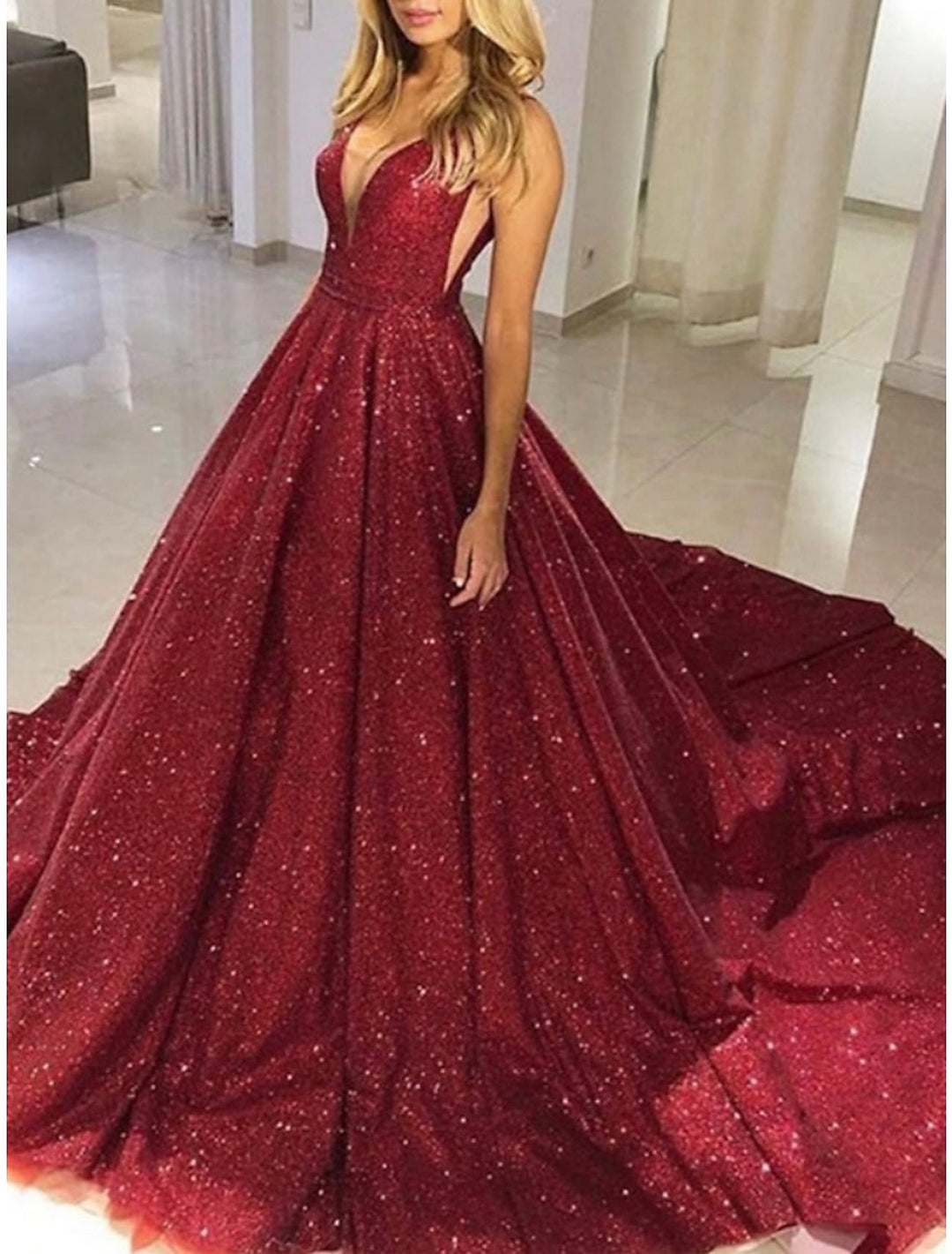 A-Line/Princess Evening Dress Wedding Party Sweep / Brush Train V-Neck Sleeveless Prom Ball Gown Formal Dresses With Glitter