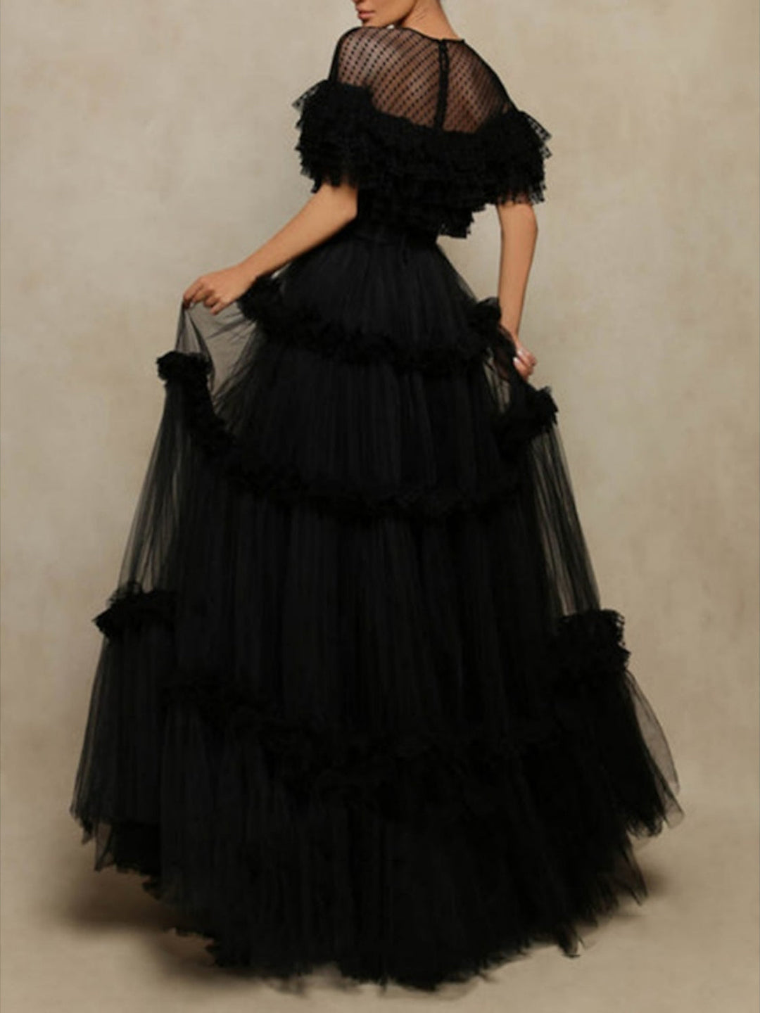 A-Line/Princess Black Prom Dresses Sheer Neck Long Formal Dresses Layered Polka Dot