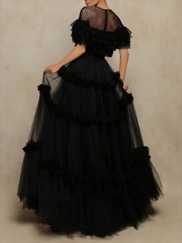 A-Line/Princess Black Prom Dresses Sheer Neck Long Formal Dresses Layered Polka Dot