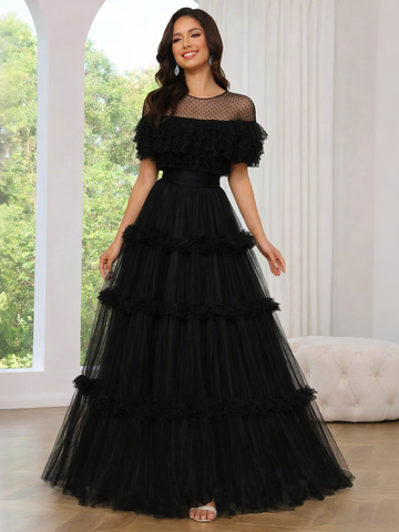 A-Line/Princess Black Prom Dresses Sheer Neck Long Formal Dresses Layered Polka Dot