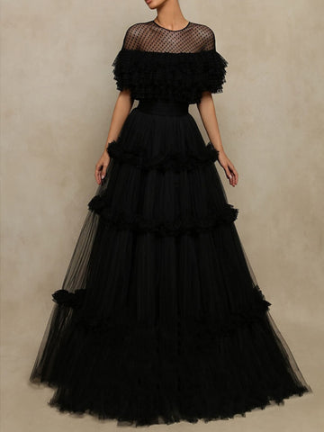 A-Line/Princess Black Prom Dresses Sheer Neck Long Formal Dresses Layered Polka Dot