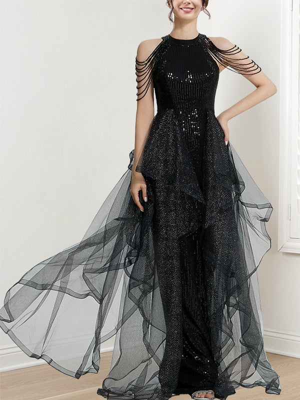 A-Line/Princess Prom Dresses Halter Tulle Floor-length Long Prom Dresses With Beading & Sequins