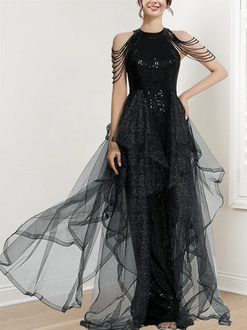 A-Line/Princess Prom Dresses Halter Tulle Floor-length Long Prom Dresses With Beading & Sequins
