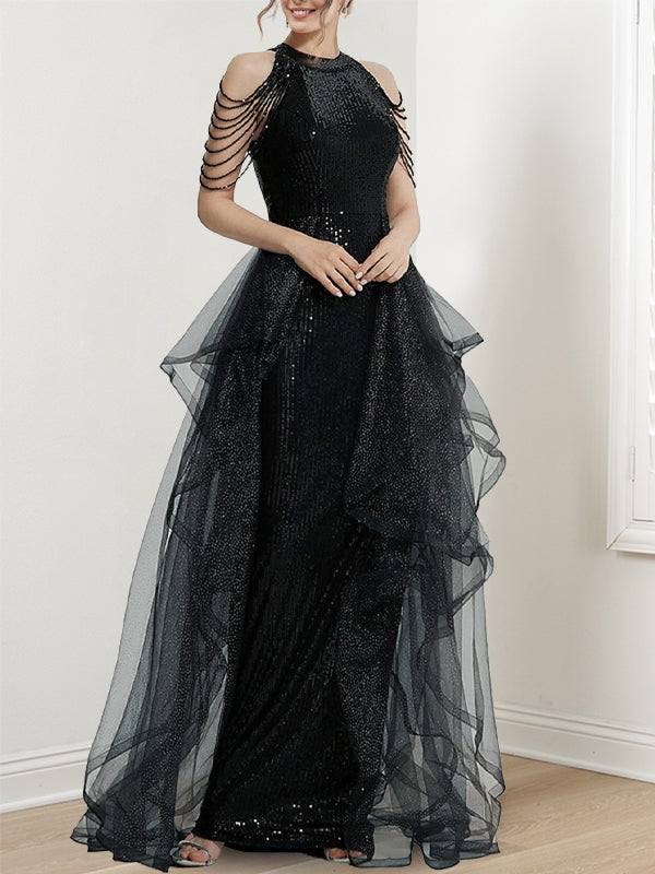 A-Line/Princess Prom Dresses Halter Tulle Floor-length Long Prom Dresses With Beading & Sequins
