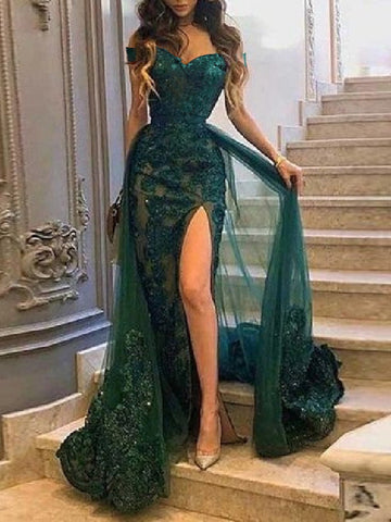 Sheath/Column Off-the-Shoulder Evening Gowns Floor-length Long Prom Dresses With Applique & Split Side