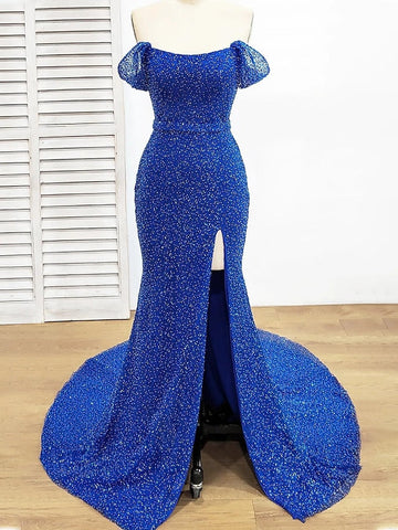 Sheath/Column Sequins Off-the-Shoulder Sleeveless Floor-length Evening Dresses With Split Side