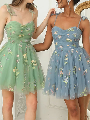 A-Line/Princess Homecoming Dress Spaghetti Straps Mini Short After Prom Dresses Floral Tulle