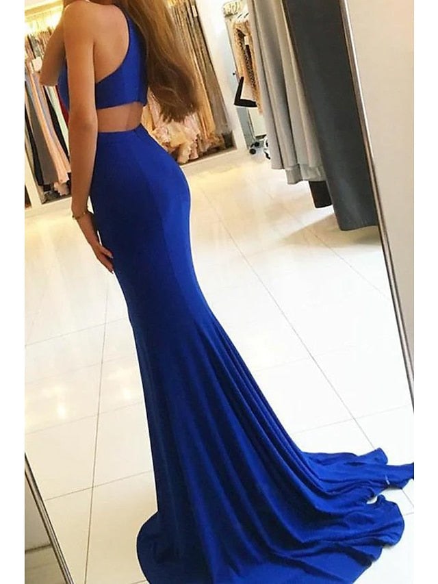 Trumpet/Mermaid Simple Prom Dresses Cut Out High Neck Floor-Length Formal Evening Dresses