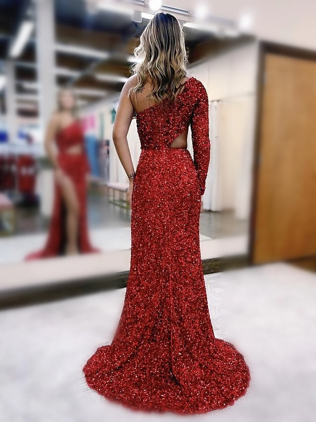 Sheath/Column Sequins Sleeveless One-Shoulder Floor-length Prom Dresses With Split Side
