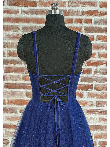 A-Line/Princess Long Prom Dresses Tulle Spaghetti Straps Sleeveless Floor-length With Sequins