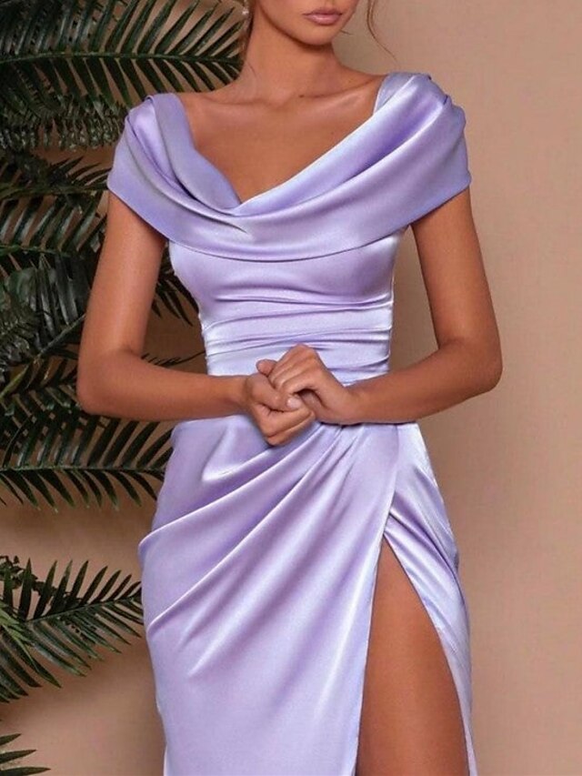 Sheath/Column Silk Satin V-Neck Sleeveless Floor-length Prom Dresses With High Split Side&Pleats