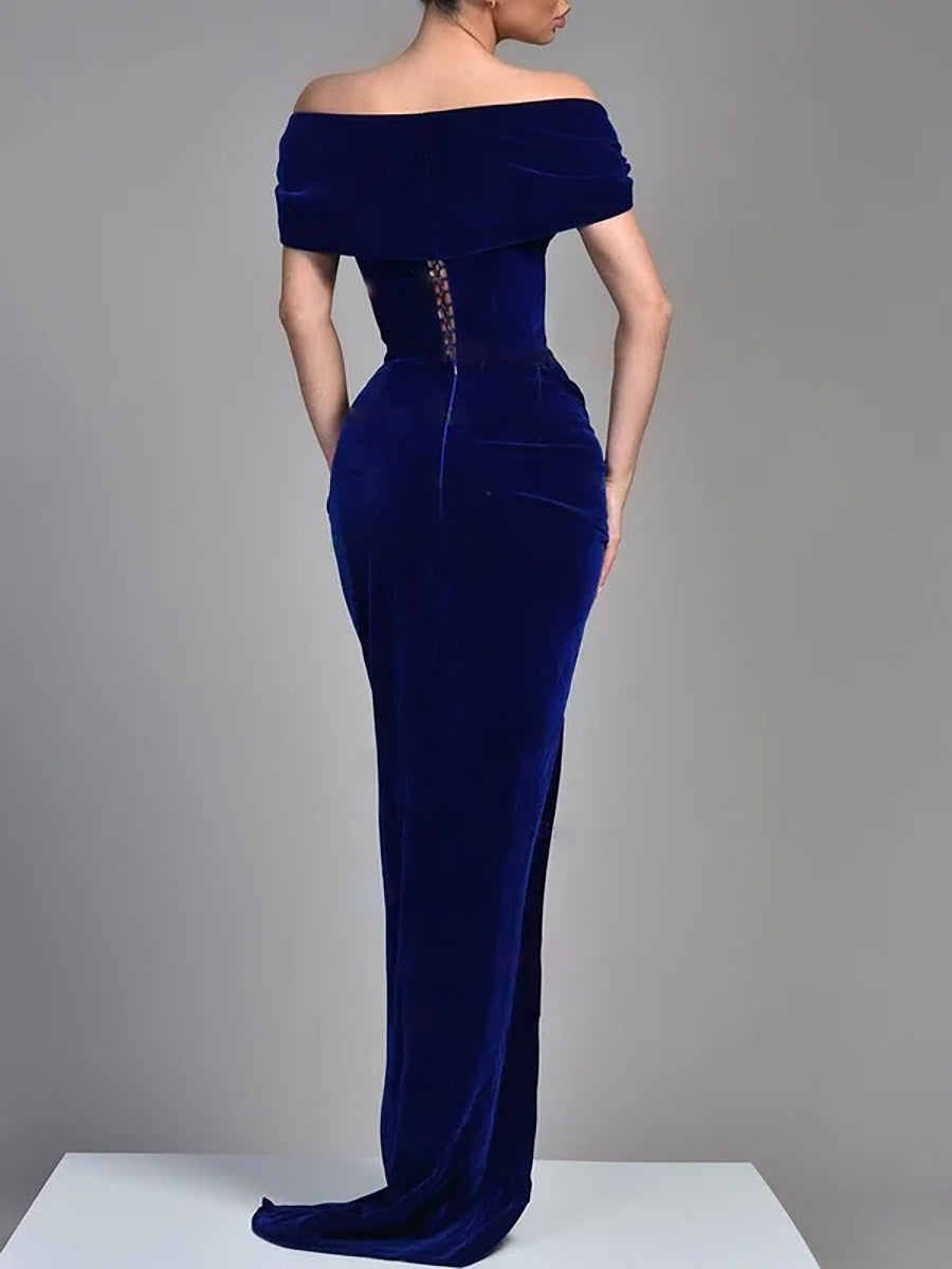 Mermaid  Christmas Evening Dress Velvet Formal Dress Corset Off-the-Shoulder Floor-length Prom Dresses High Split