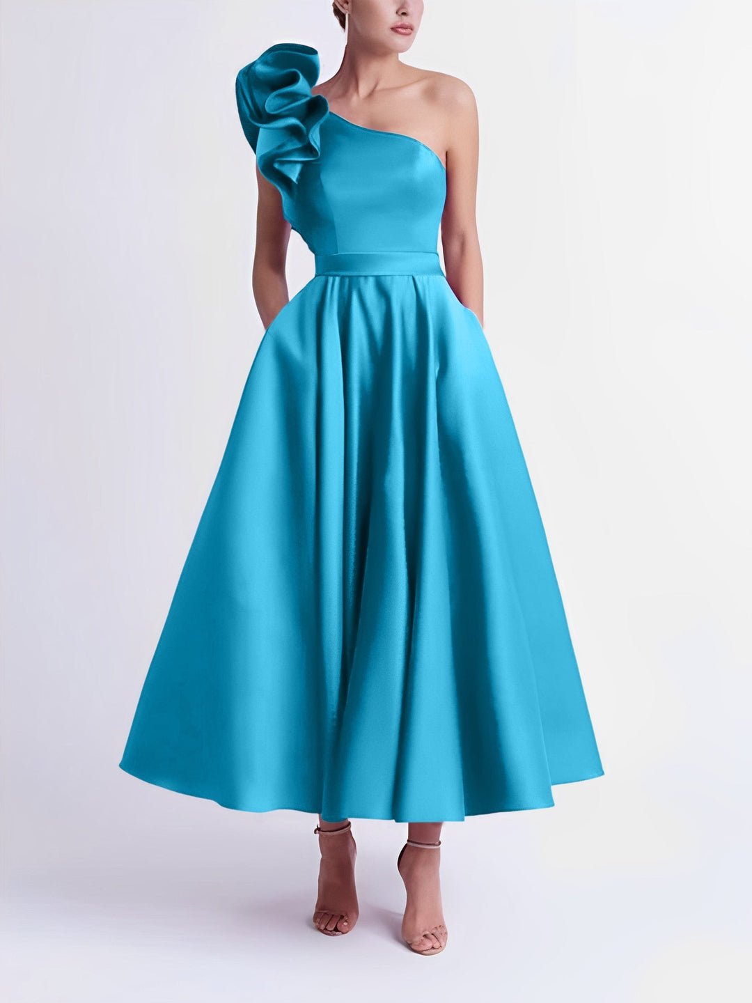 A-Line/Princess Cocktail Dress One-Shoulder Tea-Length Formal Wedding Guest Dresses