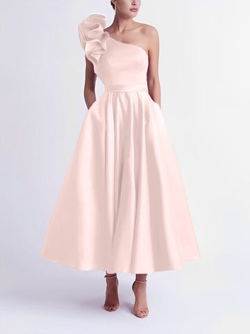 A-Line/Princess Cocktail Dress One-Shoulder Tea-Length Formal Wedding Guest Dresses