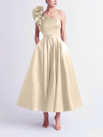A-Line/Princess Cocktail Dress One-Shoulder Tea-Length Formal Wedding Guest Dresses