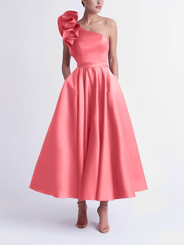 A-Line/Princess Cocktail Dress One-Shoulder Tea-Length Formal Wedding Guest Dresses