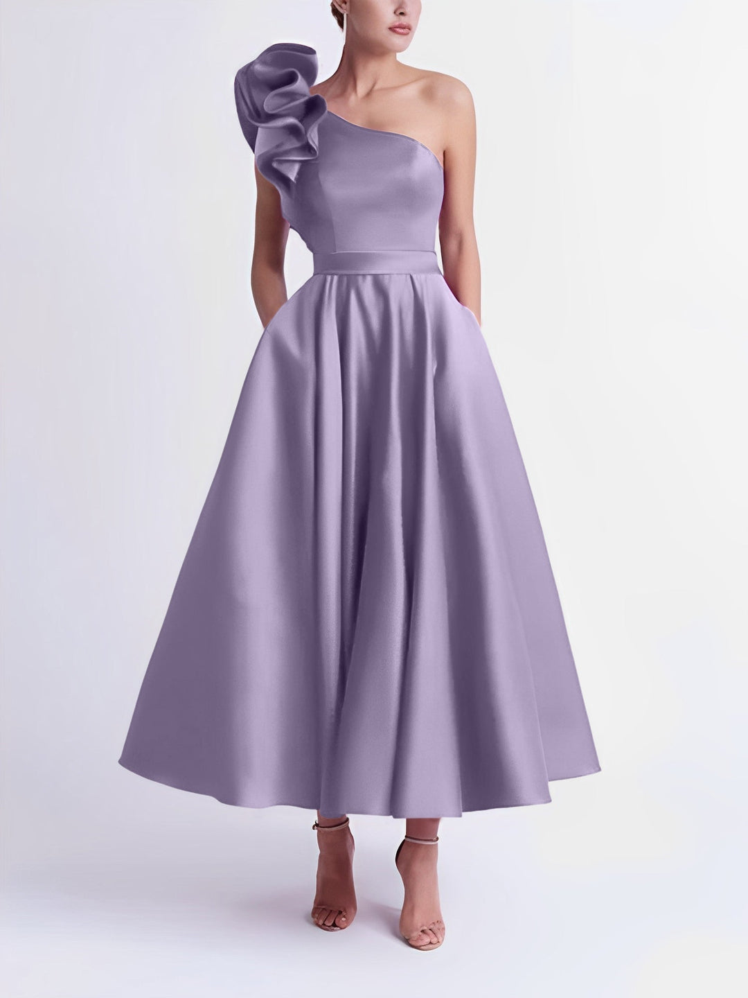 A-Line/Princess Cocktail Dress One-Shoulder Tea-Length Formal Wedding Guest Dresses