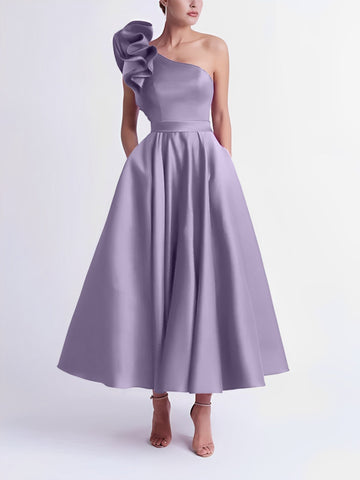 A-Line/Princess Cocktail Dress One-Shoulder Tea-Length Formal Wedding Guest Dresses