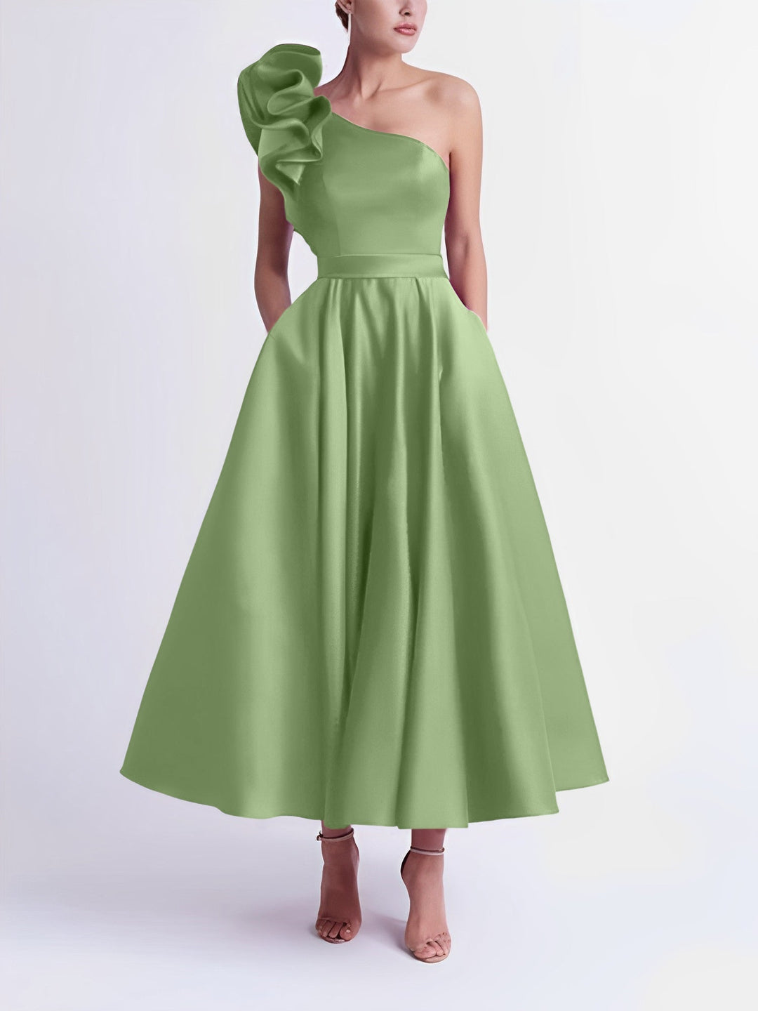 A-Line/Princess Cocktail Dress One-Shoulder Tea-Length Formal Wedding Guest Dresses