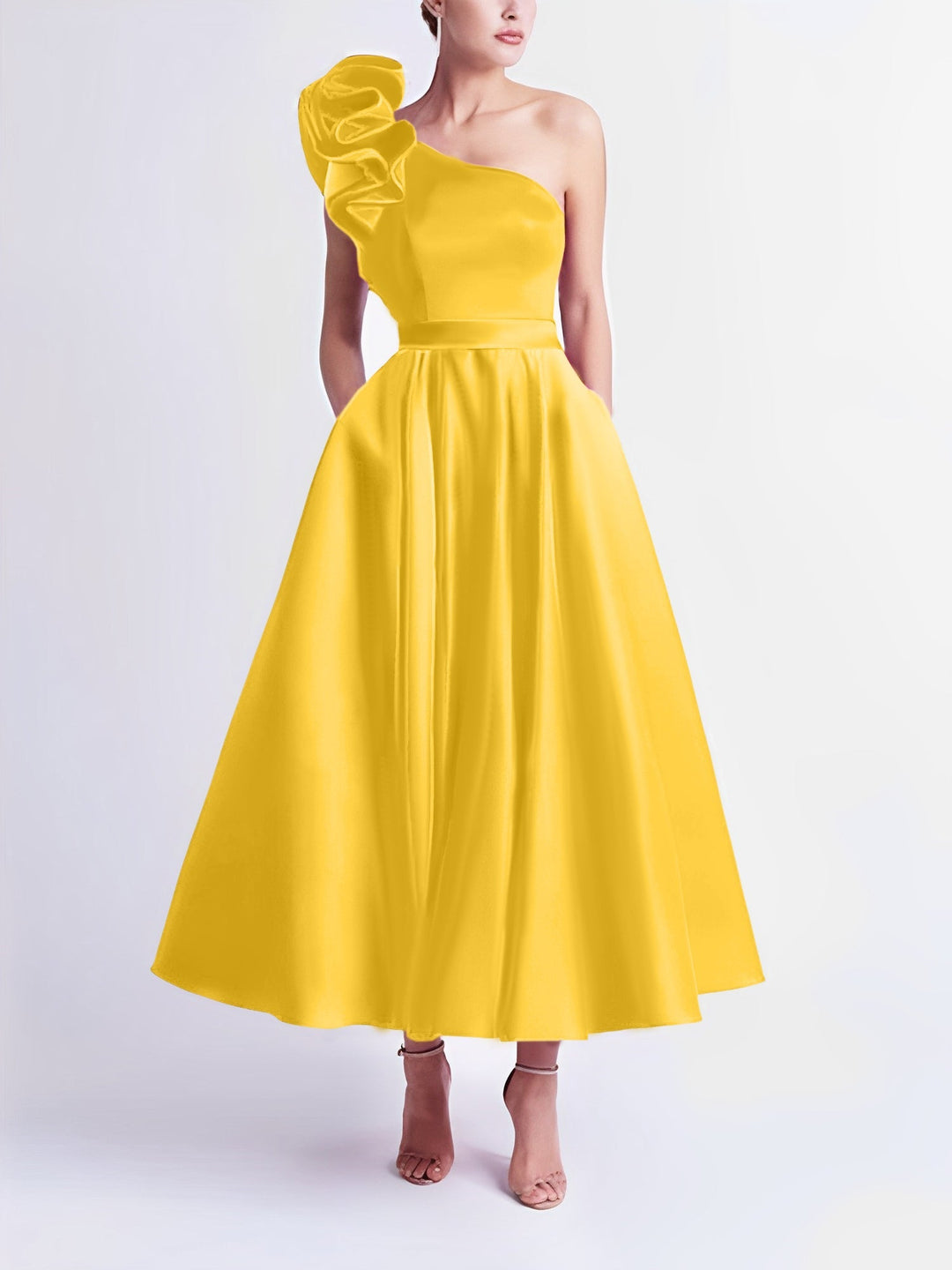 A-Line/Princess Cocktail Dress One-Shoulder Tea-Length Formal Wedding Guest Dresses