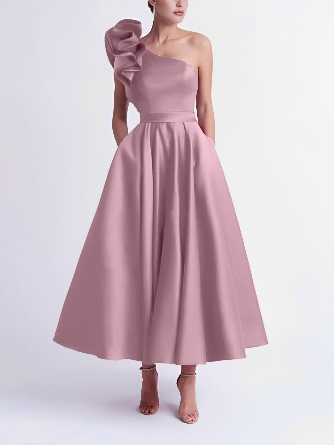 A-Line/Princess Cocktail Dress One-Shoulder Tea-Length Formal Wedding Guest Dresses