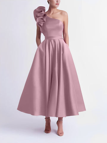 A-Line/Princess Cocktail Dress One-Shoulder Tea-Length Formal Wedding Guest Dresses