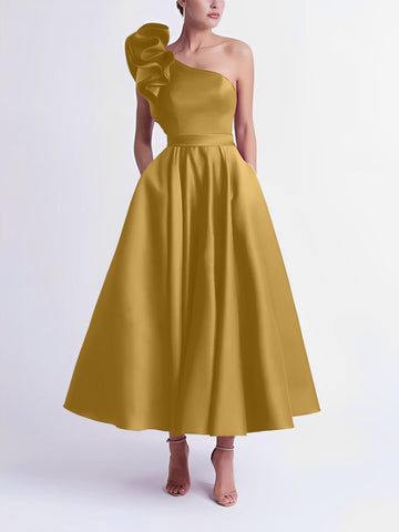 A-Line/Princess Cocktail Dress One-Shoulder Tea-Length Formal Wedding Guest Dresses