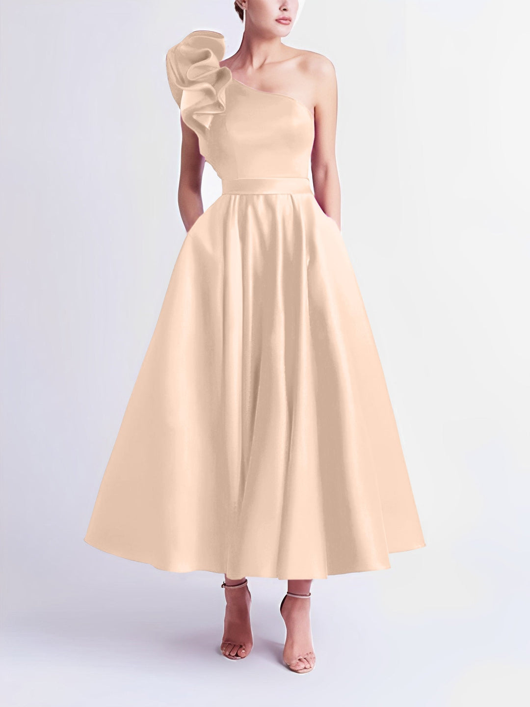 A-Line/Princess Cocktail Dress One-Shoulder Tea-Length Formal Wedding Guest Dresses