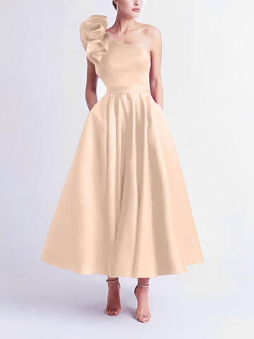 A-Line/Princess Cocktail Dress One-Shoulder Tea-Length Formal Wedding Guest Dresses